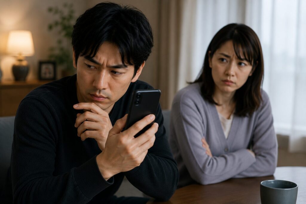 スマホを強く握りながら周囲を警戒する日本人男性と、その様子を不信感のある表情で見つめる女性の姿。不倫中の男性に多いスマホへの警戒心や、夫婦間に漂う緊張感を表現した写真風イメージ。