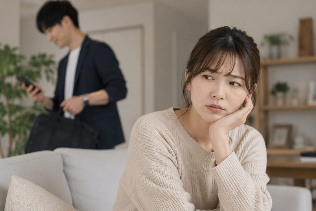外出前にスマホを見ながら準備する旦那の姿を、不安そうな表情で見つめる日本人女性の様子。優しい態度の裏にある違和感や、不倫前後によくある夫婦間の空気感の変化を表現した写真風イメージ。