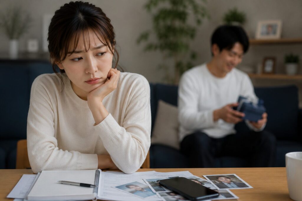 緊張した部屋の中で考え込む女性