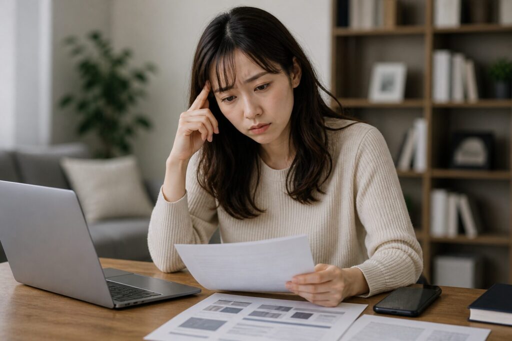 心配そうに書類を見つめる女性