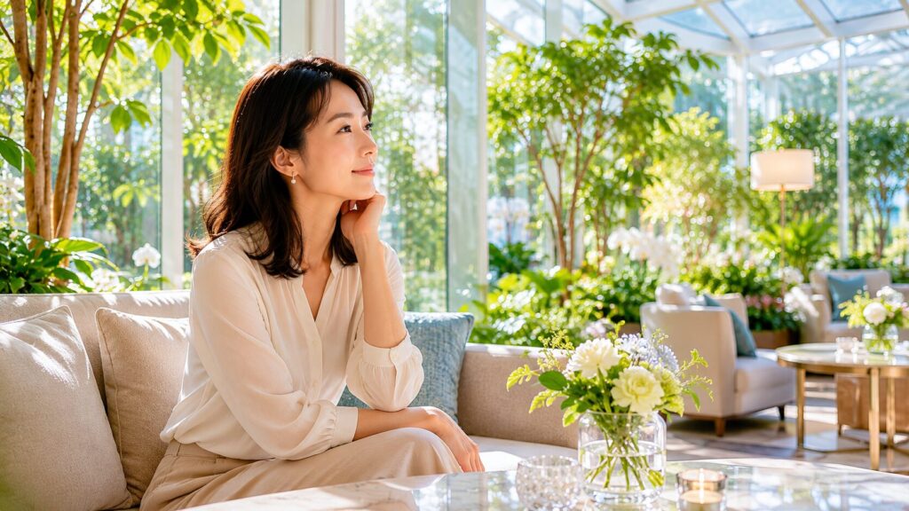 自然光が差し込む高級温室ラウンジで穏やかに緑を眺める日本人女性。事実を確認することで不安が解消され、安心して信頼関係を築けることを象徴的に表現した写真風イメージ。H2「確認することで安心できる関係がある」の見出し画像。