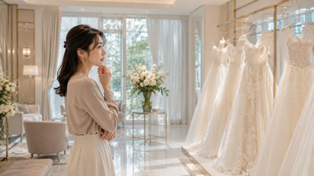高級結婚式場のブライダルサロンでウェディングドレスを見つめる日本人女性。結婚前に真実を知ることの大切さや、探偵が実際に見てきた「もっと早く知りたかった」という後悔を象徴的に表現した写真風イメージ。
