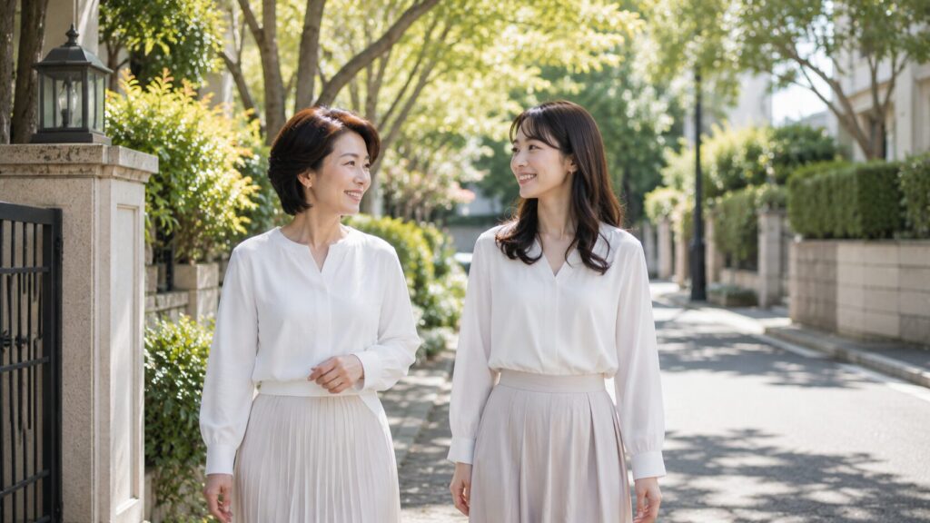 高級住宅街の並木道を穏やかに歩く日本人の母親と娘。結婚後の後悔を防ぎ、大切な家族の未来を守りたいという想いから婚前調査に力を入れる探偵事務所の考え方を象徴的に表現した写真風イメージ。