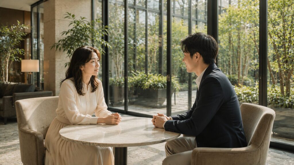 高級複合施設内のコンサバトリーラウンジで、穏やかに向かい合って会話をする日本人男女。信頼と確認は対立するものではなく、本当の信頼関係は対話の上に成り立つことを表現した写真風イメージ。H2「本当に信頼関係がある人ほど確認を恐れない」の見出し画像。