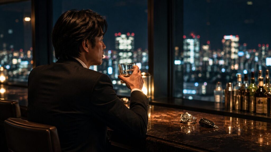 東京の夜景が見える高級バーラウンジで、一人グラスを持ちながら物思いにふける日本人男性。ボーナスを不倫に使う人の心理として、承認欲求や刺激への欲求、満たされない感情を象徴的に表現した写真風イメージ。