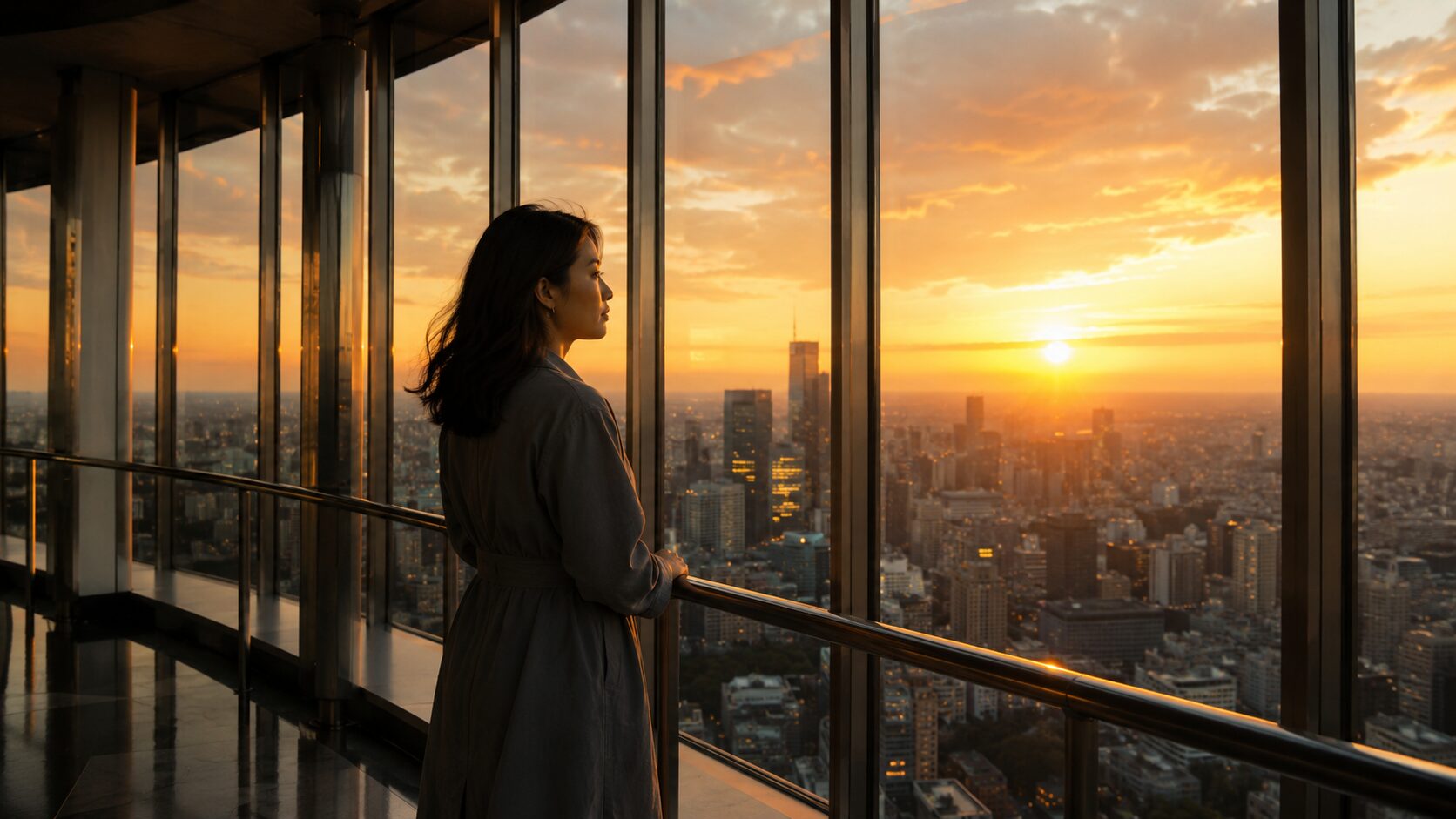 夕暮れの高層展望回廊から都心の街並みを見つめる日本人女性。違和感を無視するか向き合うかという人生の分岐点と、冷静に事実を確認する大切さを象徴的に表現した写真風イメージ。探偵コラム記事のアイキャッチ画像。