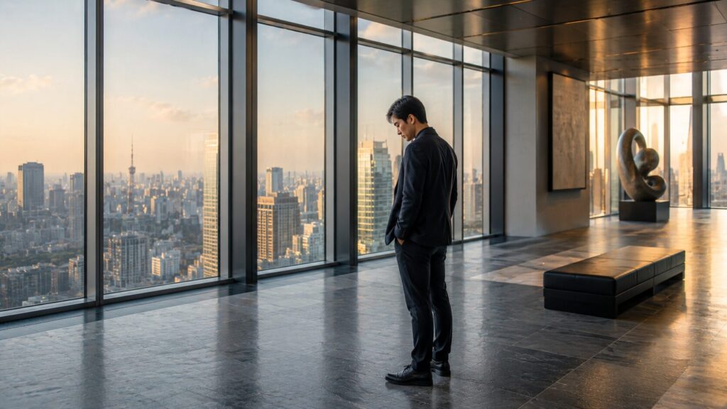 都心を見渡せる屋内展望ギャラリーで静かに考え込む日本人男性。失踪する人が抱える孤独感や誰にも言えない悩み、助けを求められない心理を象徴的に表現した写真風イメージ。H2「失踪する人の心理とは」の見出し画像。