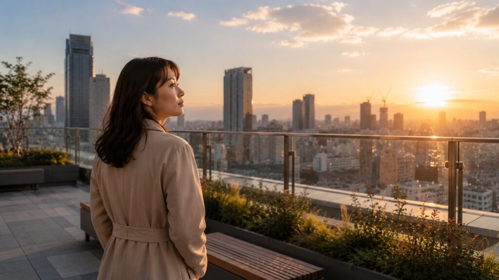 朝日の差し込む都心の屋上庭園から街並みを見つめる日本人女性。違和感を無視せず、事実を確認しながら後悔のない選択をすることの大切さを象徴的に表現した写真風イメージ。探偵コラム「探偵が本当に伝えたいこと」の見出し画像。