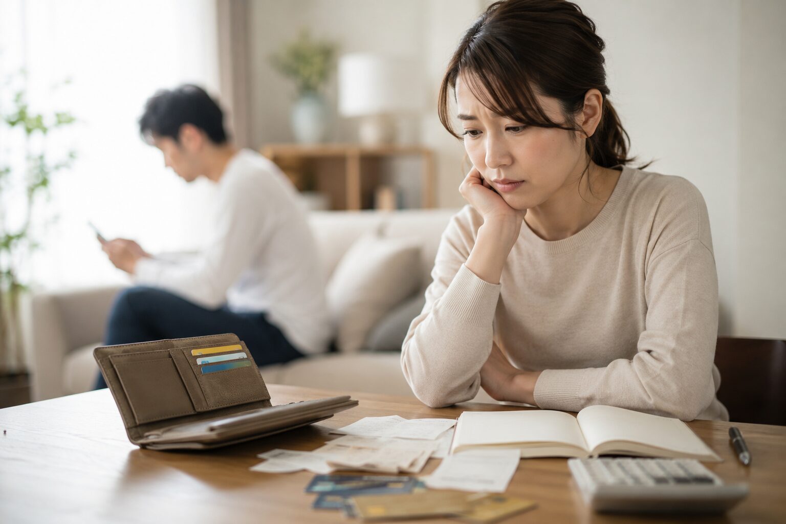 家計簿やレシート、クレジットカードが置かれたテーブルの前で考え込む日本人女性と、背景でスマートフォンを見つめる男性。不倫に使われるお金や家計の変化、ボーナス後の不自然な支出など、お金の流れから見える浮気・不倫のサインを象徴的に表現した写真風アイキャッチ画像。