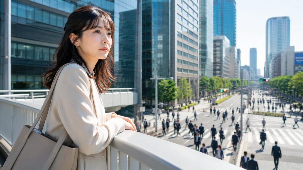 都心の歩道橋からオフィス街を見下ろす日本人女性。結婚を控えた相手の勤務先や生活実態を知りたいという自然な疑問と、婚約者が勤務先を教えてくれないことへの違和感を象徴的に表現した写真風イメージ。婚前調査記事の見出し画像。