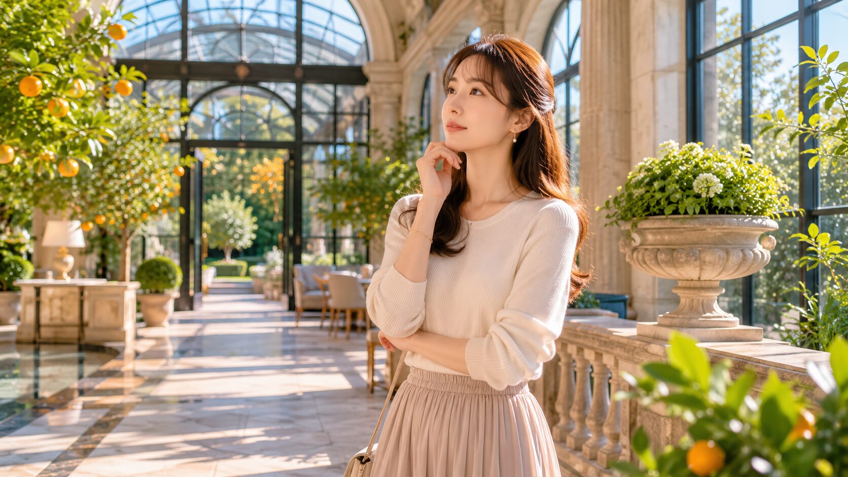 高級会員制オランジェリーラウンジで静かに考え込む日本人女性。結婚相手を調べることへの葛藤や、婚前調査の本当の意味、信頼と確認の両立を象徴する写真風イメージ。婚前調査・結婚信用調査に関する記事のアイキャッチ画像。