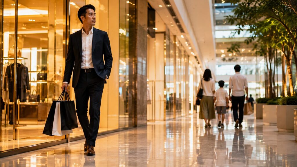 高級ショッピングモールでブランドショップの買い物袋を持って歩く日本人男性。ボーナス支給後のお金の使い方や行動範囲の変化によって、不倫相談が増える背景を象徴的に表現した写真風イメージ。