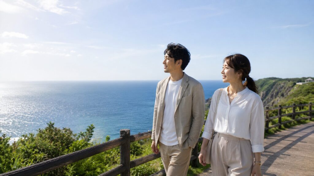 海を見下ろす岬の展望遊歩道を同じ方向へ歩く日本人カップル。婚前調査によって事実を確認し、不安ではなく安心と信頼を持って未来へ進む姿を象徴的に表現した写真風イメージ。婚前調査の本来の価値を伝える記事用見出し画像。