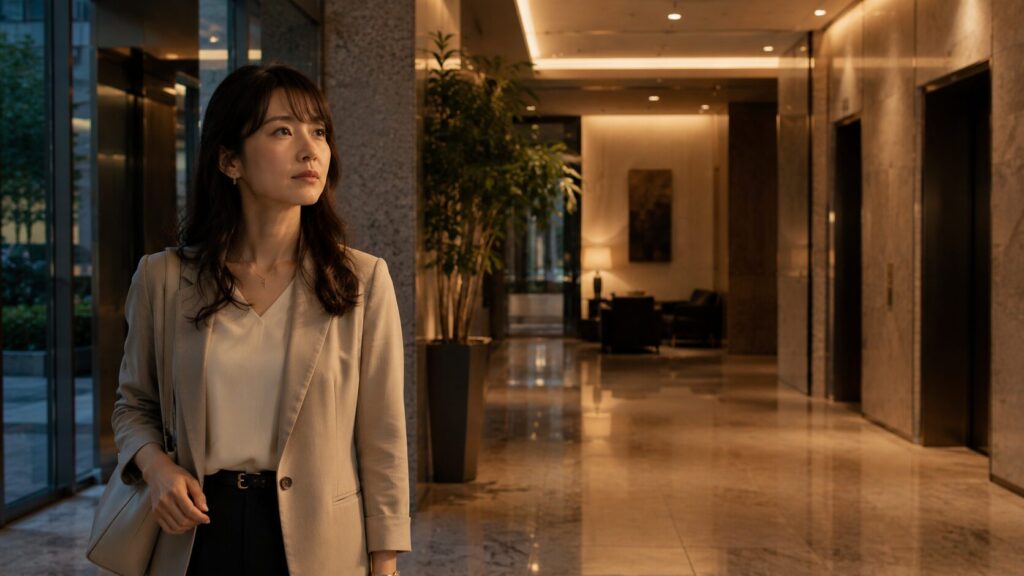 高級マンションのエントランスホールで静かに周囲を見渡す日本人女性。勤務先を教えてくれない人に見られる複数の違和感や共通する危険なサインを象徴的に表現した写真風イメージ。婚前調査記事の見出し画像。