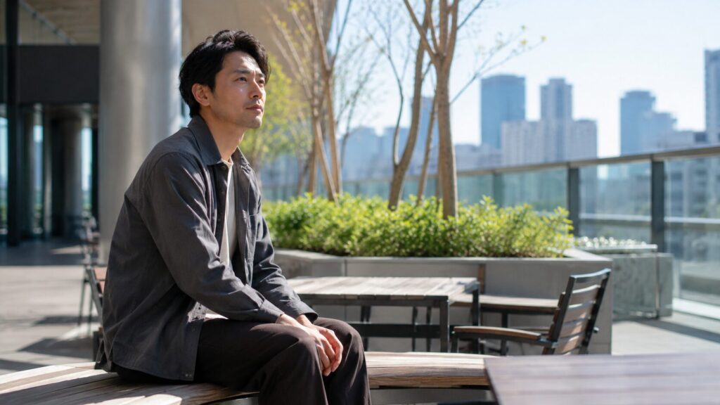 平日昼間の都心にある商業施設の屋外テラスで一人座る日本人男性。勤務先や仕事の説明と実際の生活実態に違和感があるケースを象徴的に表現した写真風イメージ。婚前調査で発覚した事例を解説する記事用見出し画像。