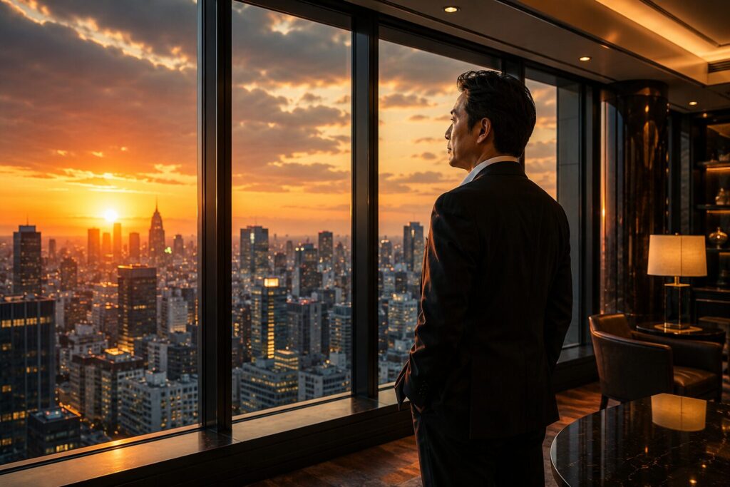 買収前調査の重要性を表現したイメージ写真。超高層オフィスタワーのラウンジで企業の実態や見えないリスクを見極めようとする経営者。M&A、企業調査、デューデリジェンス、企業買収前のリスク確認を象徴するビジュアル
