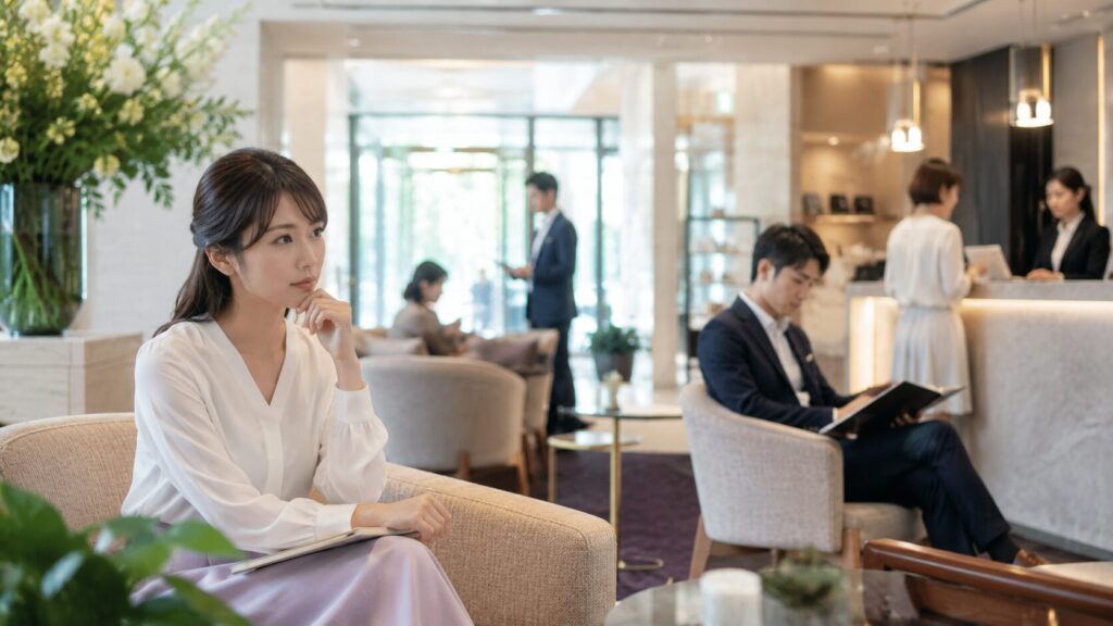 結婚相談所や婚活ラウンジのような上質な空間で、将来について考える日本人男女。婚前調査の相談が増えている背景にある結婚への慎重な価値観や、相手を知りたいという現代のニーズを表現した写真風イメージ。