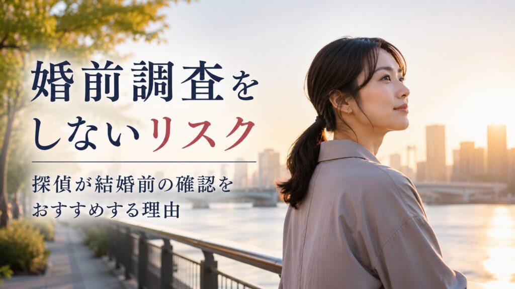 朝日が差し込む東京の川沿いで、前を向いて穏やかな表情を見せる日本人女性。婚前調査をしないリスクや、結婚前に相手の情報を確認する重要性を象徴的に表現した写真風イメージ。安心して結婚を迎えるための判断材料や、後悔しない人生の選択をテーマにしたSEO記事用アイキャッチ画像。