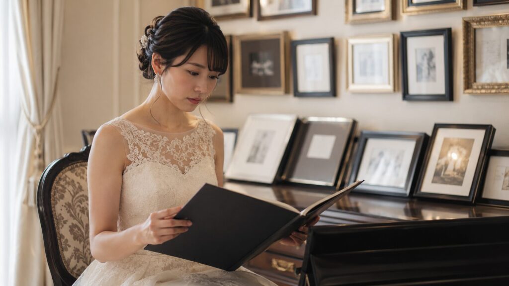 結婚式場の控室でアルバムを手に取り静かに見つめる日本人女性。婚前調査で実際に発覚する既婚歴、異性関係、借金問題、経歴詐称など様々な事実を象徴的に表現した写真風イメージ。婚前調査ランキング記事用の見出し画像。
