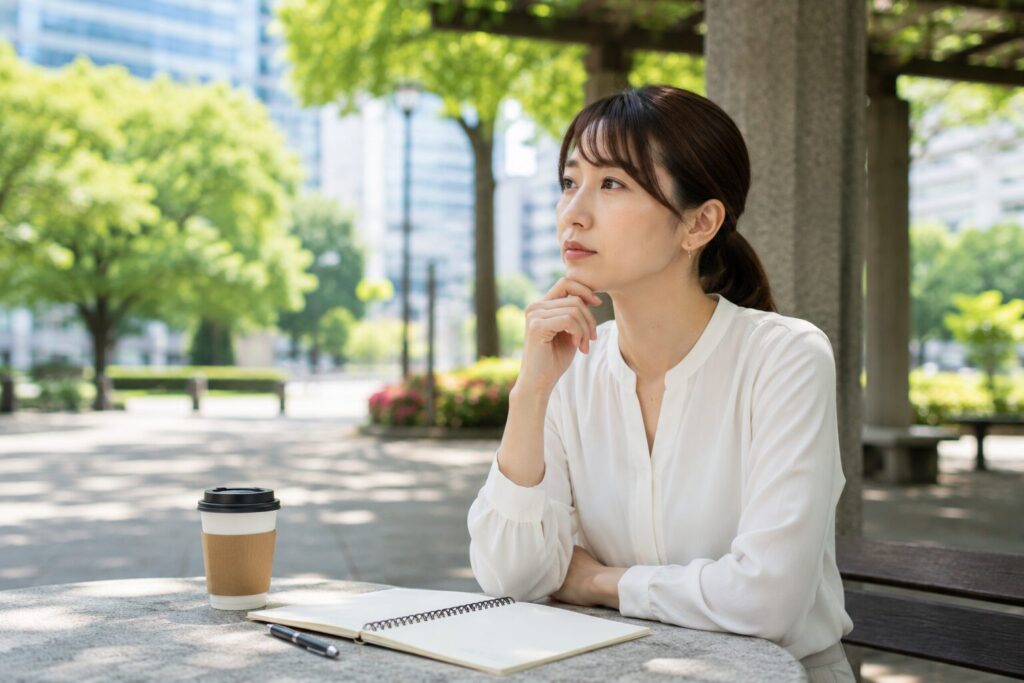 東京都内の緑豊かな公園で、一人静かに将来について考える日本人女性。結婚前の大切な判断を前に、探偵への相談や婚前調査を依頼する際の注意点を慎重に考えている様子を表現した写真風イメージ。料金だけでなく調査内容や信頼性を見極める重要性を象徴している。