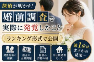 婚約を控えた日本人女性が将来への不安を抱えながら考え込む姿と、背景に見える婚約者のシルエット。結婚前に確認しておきたい異性関係・借金問題・経歴詐称・既婚者利用など、婚前調査で実際に発覚するケースをテーマにした写真風アイキャッチ画像。
