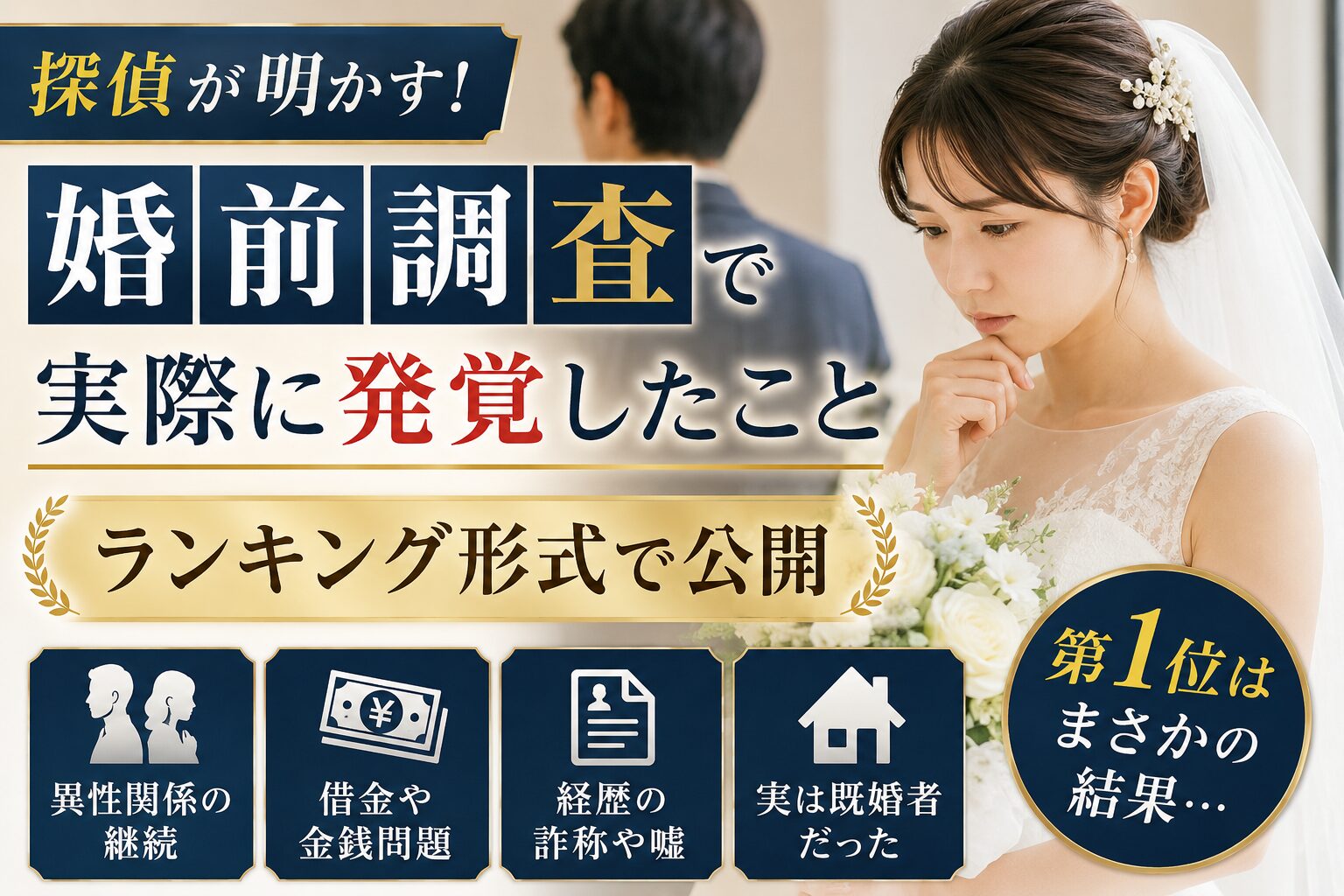 婚約を控えた日本人女性が将来への不安を抱えながら考え込む姿と、背景に見える婚約者のシルエット。結婚前に確認しておきたい異性関係・借金問題・経歴詐称・既婚者利用など、婚前調査で実際に発覚するケースをテーマにした写真風アイキャッチ画像。
