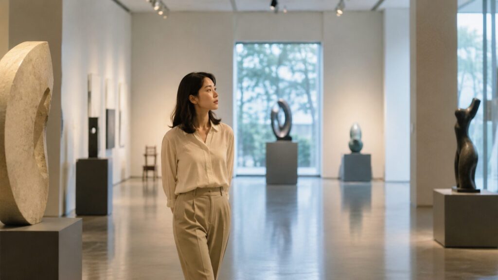 会員制アートギャラリーで展示空間全体を見渡す日本人女性。表面的な印象だけで判断せず、本質を理解した上で信頼することの大切さを象徴的に表現した写真風イメージ。H2「信頼と無条件に信じることは違う」の見出し画像。