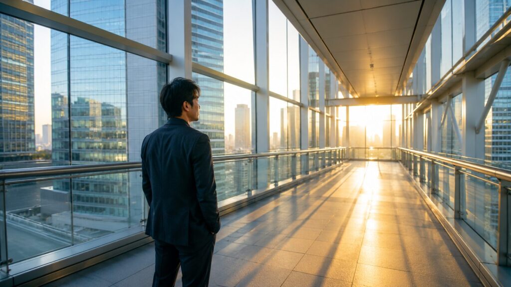 朝日が差し込む高層ビル群の空中回廊で遠くの街並みを見つめる日本人男性。失踪は突然起きるように見えても、その前に小さな変化や葛藤が存在していたことを象徴的に表現した写真風イメージ。H2「人は本当に突然いなくなるのか」の見出し画像。