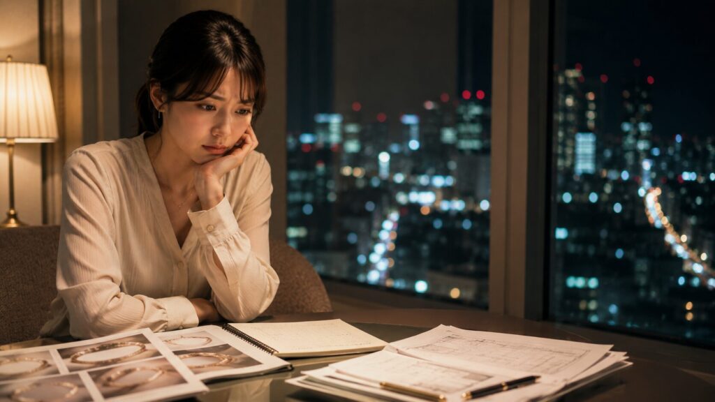 高層マンションの窓際で夜景を見つめながら考え込む日本人女性。結婚後に発覚すると人生へ大きな影響を与える借金問題や家族問題などを象徴する、不安と決断を表現した写真風イメージ。