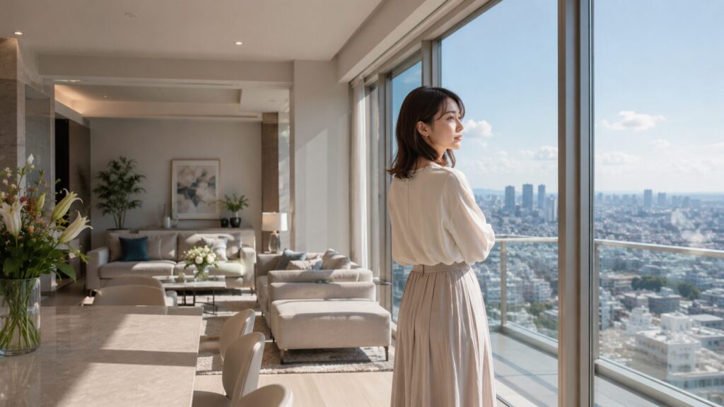 高級マンションのモデルルームで窓の外を見つめる日本人女性。結婚後の生活や将来設計を考えながら、婚前調査をしないことで起こり得るリスクや、結婚前に確認することの重要性を象徴的に表現した写真風イメージ。