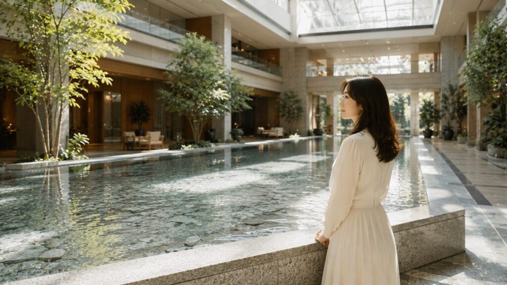 天窓から自然光が差し込む屋内ウォーターコートで、水面を静かに見つめる日本人女性。婚前調査は疑うためではなく安心するためにあるという考えを表現し、事実を知ることで不安が整理されていく様子を象徴した写真風イメージ。H2「婚前調査は相手を疑うためではなく安心するためにある」の見出し画像。