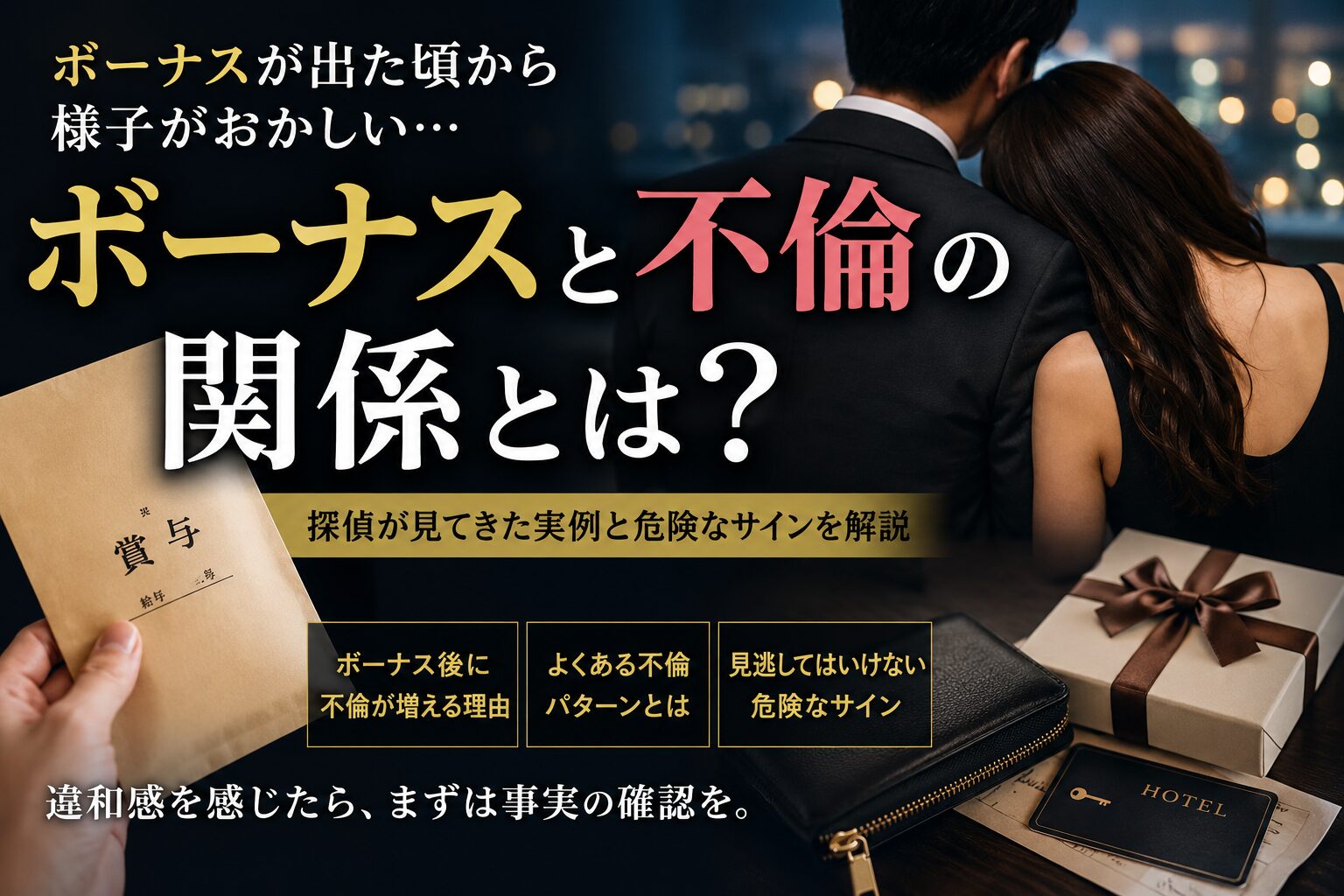 ボーナス支給後の不倫をテーマにしたイメージ画像。夜景が見える高級レストランで寄り添う男女の後ろ姿と、賞与袋、プレゼントボックス、ホテルカードキーが配置されている。ボーナス後に増える不倫相談や、お金の使い方の変化による危険なサインを表現した写真風ビジュアル。SEO記事「ボーナス後に不倫が増える理由」に使用するアイキャッチ画像。
