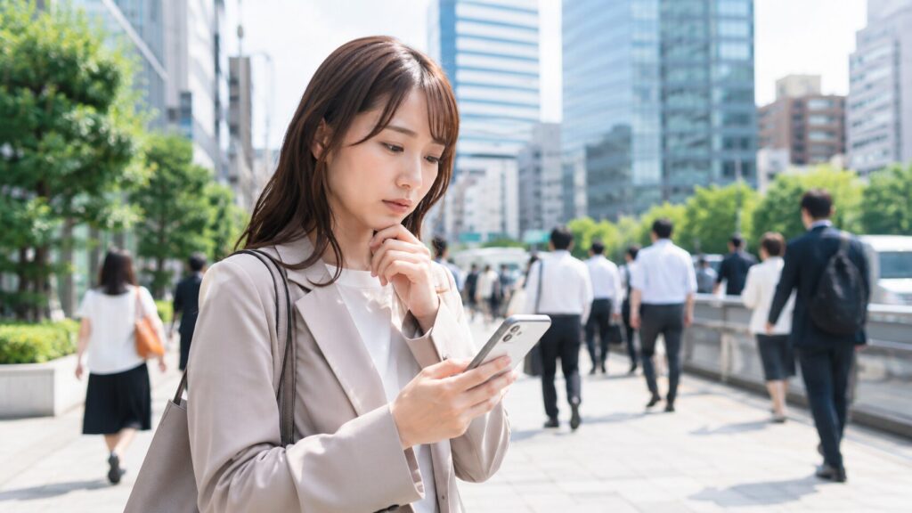 東京都内の街中でスマートフォンを見ながら将来について考える日本人女性。マッチングアプリやSNSでの出会いが増え、婚前調査の相談が増加している現代背景を表現した写真風イメージ。
