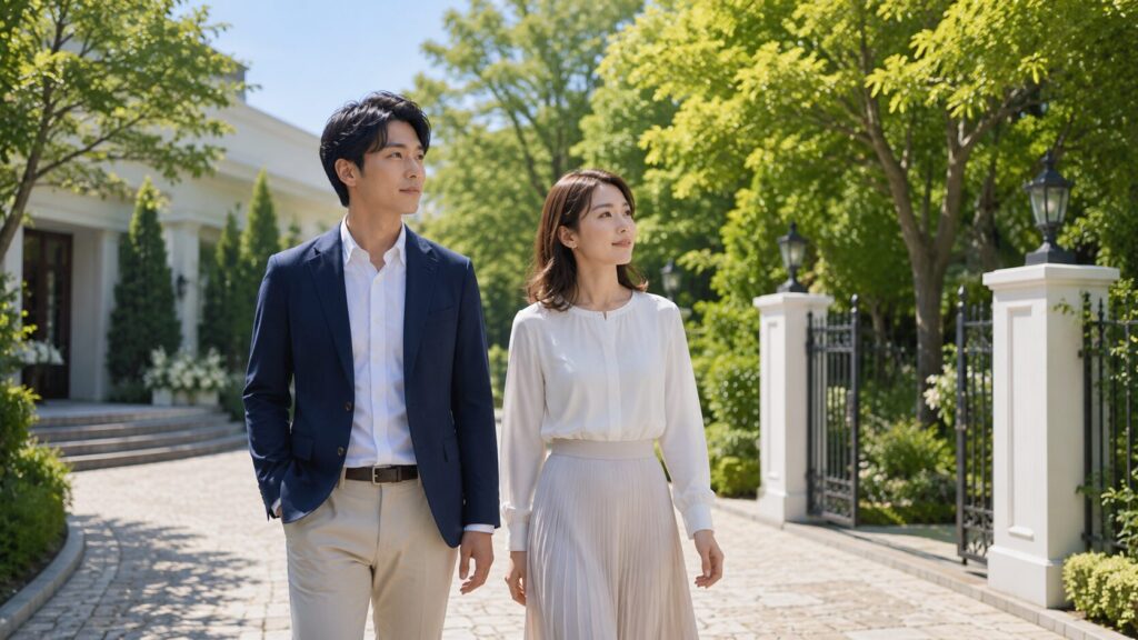 ガーデンウェディング会場の近くを穏やかに歩く日本人カップル。婚前調査は相手を疑うためではなく、安心して結婚するための確認であることや、信頼と将来への前向きな決断を象徴的に表現した写真風イメージ。
