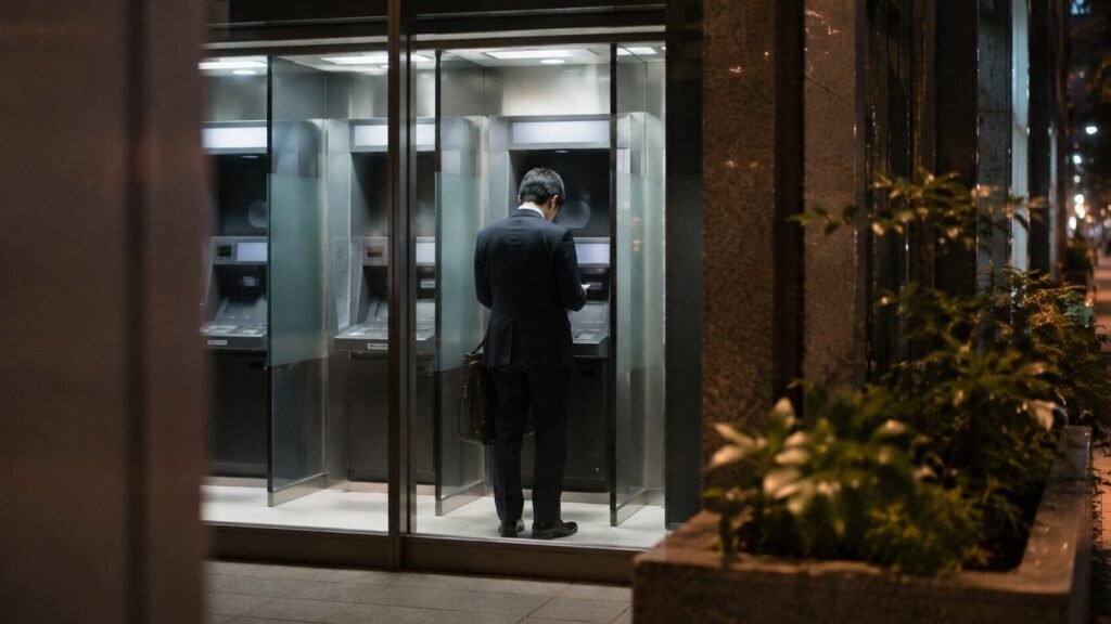 都内の銀行ATMコーナーで現金や通帳を確認する日本人男性。不倫によって起こる家計の変化や、ATM利用の増加、貯金額の変動など、お金の流れから現れる違和感を象徴的に表現した写真風イメージ。