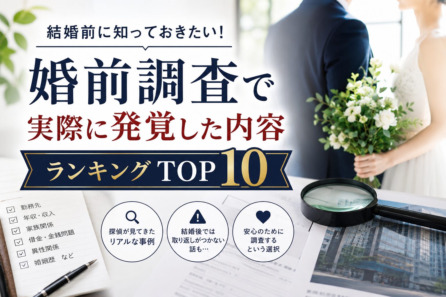 結婚を控えた日本人カップルを背景に、婚前調査を象徴する書類やチェックリストが配置されたイメージ。結婚前に確認したい勤務先、家族関係、金銭問題、異性関係など、婚前調査で実際に発覚する内容をランキング形式で紹介する記事を表現した写真風アイキャッチ画像。