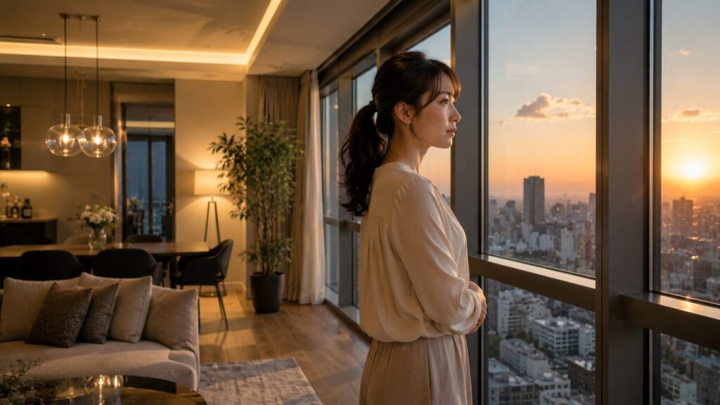 夕暮れの高層マンションモデルルームで都心の景色を見つめる日本人女性。勤務先が分からないまま結婚することで生じる将来設計や生活基盤への不安を象徴的に表現した写真風イメージ。婚前調査記事の見出し画像。