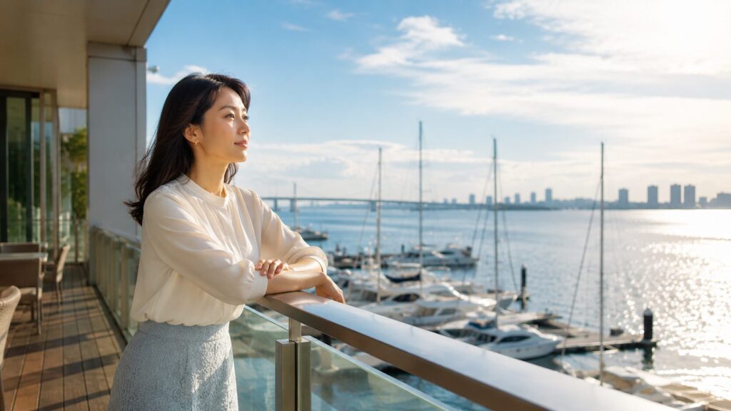 高級ヨットクラブの展望デッキで穏やかな海を見つめる日本人女性。婚前調査や浮気調査は相手を疑うためではなく、事実を確認して安心するためにあるという考え方を象徴的に表現した写真風イメージ。H2「婚前調査や浮気調査は疑うためにするものではない」の見出し画像。