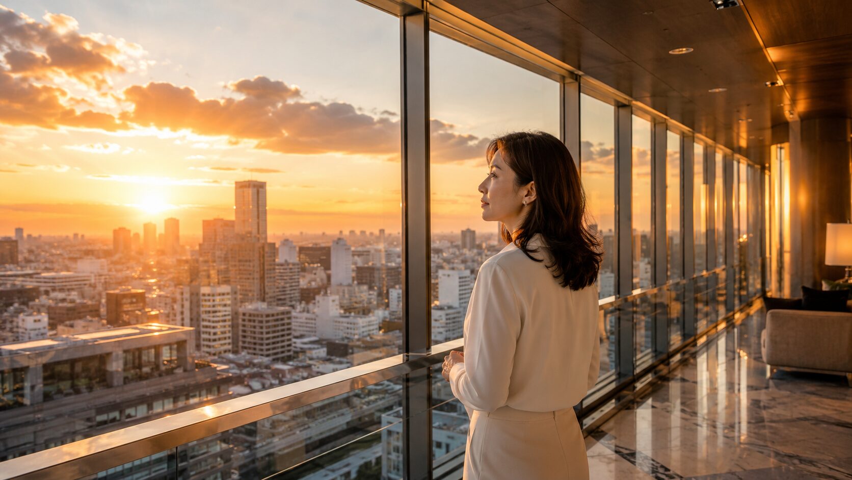 夕焼けに染まる都心を見つめながら、スカイブリッジラウンジに立つ日本人女性。夏前に感じる小さな違和感や、7月に増える不倫相談の背景を象徴する写真風イメージ。H1「7月に不倫が増える理由とは｜探偵が見てきた夏前に起きる浮気の共通パターン」のアイキャッチ画像。