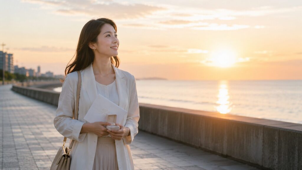 朝日の差し込む海辺の遊歩道を前向きな表情で歩く日本人女性。婚前調査によって事実を確認し、安心して結婚という人生の選択へ進む姿を表現した写真風イメージ。