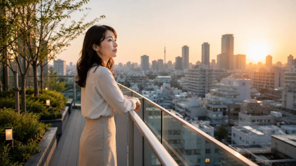 朝日の差し込む都心の屋上庭園で街並みを見つめる日本人女性。勤務先を教えてくれない婚約者への不安を抱えながらも、感情ではなく事実を確認しようとする冷静な姿勢を象徴的に表現した写真風イメージ。婚前調査記事の見出し画像。