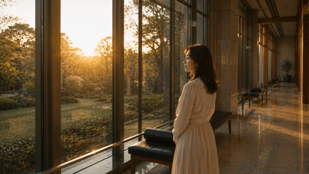 夕暮れのサンルーム回廊で庭園を静かに見つめる日本人女性。確認しなかった後悔や、後から気付く違和感、結婚前に事実を確認する重要性を象徴する写真風イメージ。H2「探偵が見てきた『確認しなかった後悔』」の見出し画像。