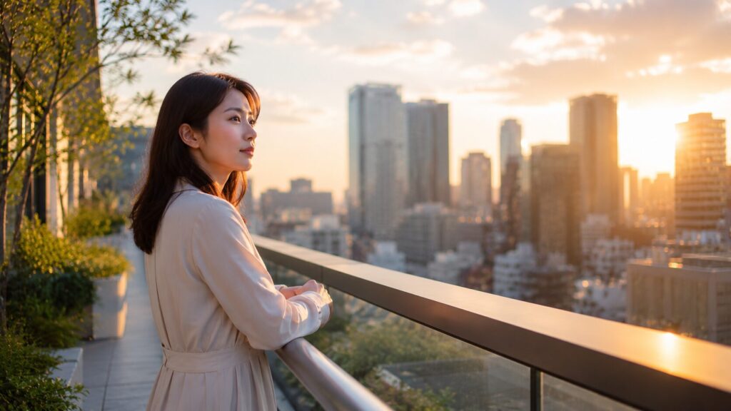 朝日の差し込む都心の屋上庭園で街並みを見つめる日本人女性。お金の使い方に違和感を覚えた時に感情的にならず、事実を確認しながら冷静に未来を考えることの大切さを象徴的に表現した写真風イメージ。