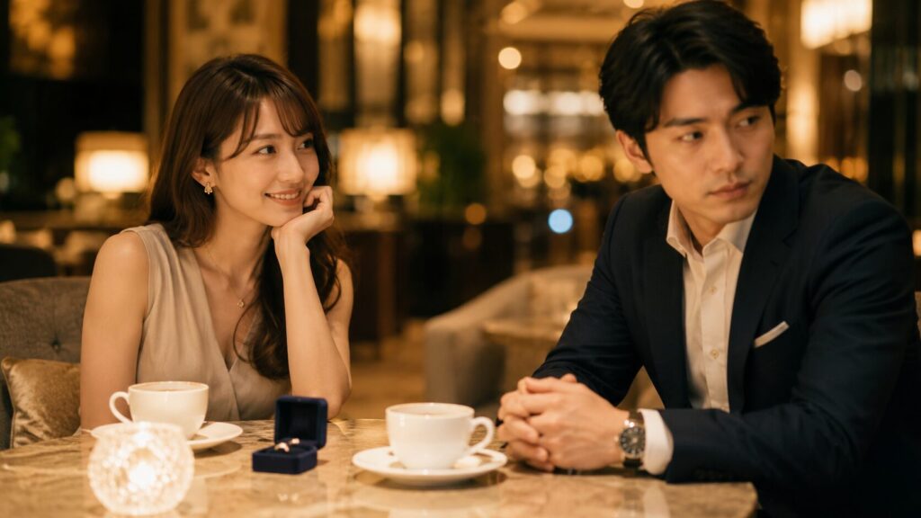 高級ホテルのラウンジで向かい合う日本人カップル。婚約を意識した穏やかな時間の中で、男性が視線を逸らしており、交際中には気づきにくい違和感や隠された過去を表現した写真風イメージ。