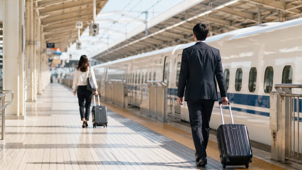 新幹線ホームを歩くスーツ姿の日本人男性と、少し離れた場所を歩く日本人女性。ボーナス後に増える旅行や宿泊、不倫関係の遠出デートなど、探偵が実際に見てきた行動パターンを象徴的に表現した写真風イメージ。