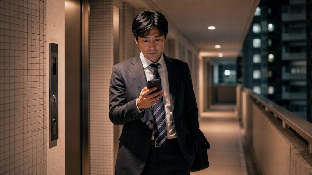 夜のマンション共用廊下でスマートフォンを確認する日本人男性。不倫の証拠そのものではなく、スマホへの警戒心や行動パターンの変化など、探偵が危険なサインとして注目する違和感を表現した写真風イメージ。