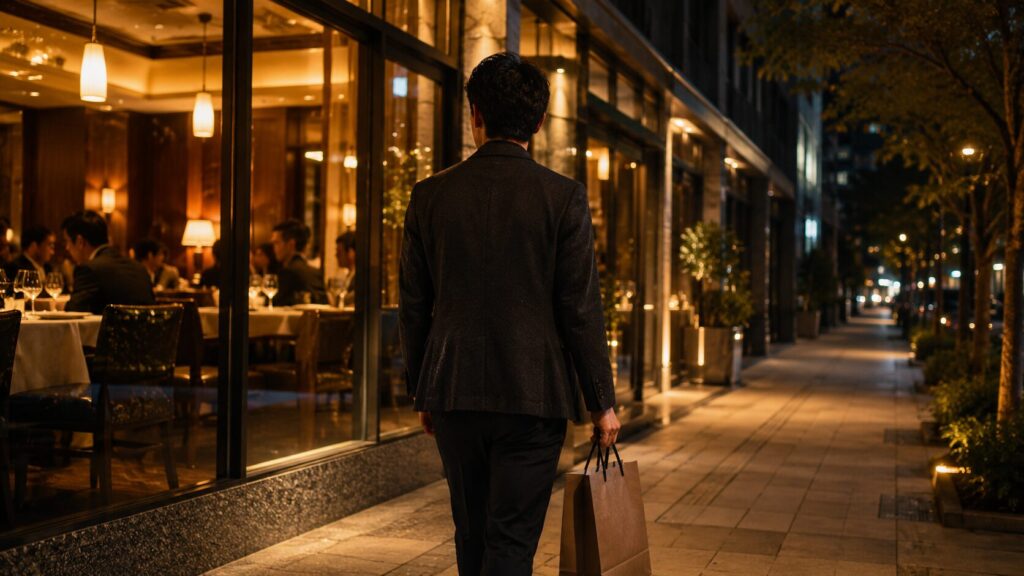 夜の高級レストラン街を歩く日本人男性。探偵が現場でよく確認する食事代やプレゼント代など、不倫に使われる支出を象徴的に表現した写真風イメージ。お金の流れから見える不倫の実態をテーマにしたSEO記事用見出し画像。