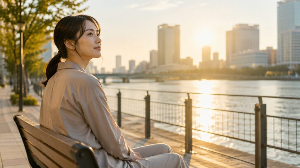 朝日が差し込む川沿いの遊歩道で、穏やかな表情で景色を眺める日本人女性。不倫を疑った時に感情ではなく事実を確認することの大切さや、冷静に自分の人生と向き合う姿勢を表現した写真風イメージ。