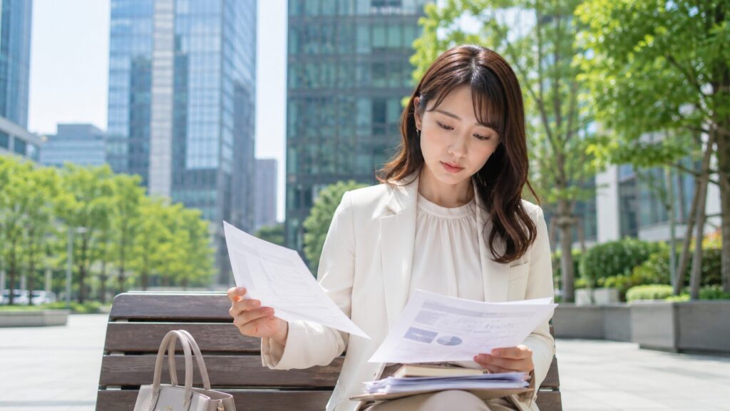 東京都内のオフィス街にあるベンチで、将来設計に関する資料やメモを整理しながら考え込む日本人女性。結婚前に相手の経歴や生活実態、家族関係などを冷静に確認したいと考える人の心理や、婚前調査で確認される内容を表現した写真風イメージ。