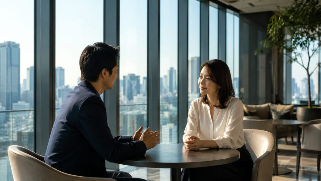 高層階のスカイラウンジで穏やかに会話をする日本人男女。確認することを恐れず、不安や疑問を共有できる本当の信頼関係を象徴的に表現した写真風イメージ。H2「本当に信頼関係がある人ほど確認を恐れない」の見出し画像。